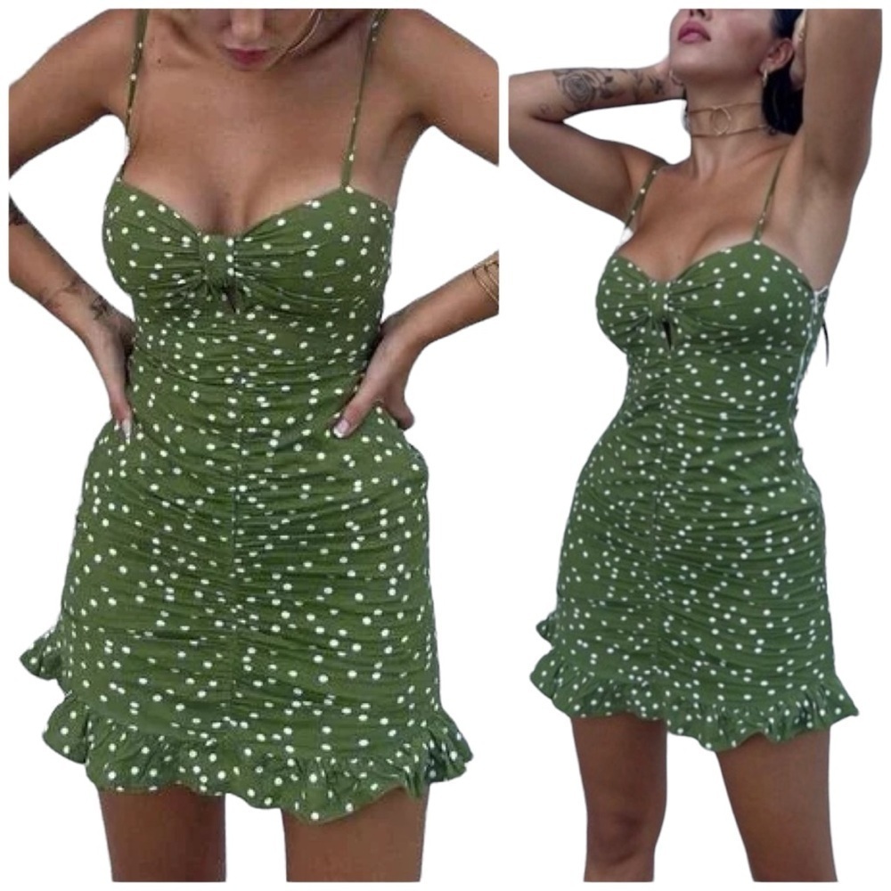 Zara Linen Blend Polka Dot Ruched Flounced Trim Mini Dress Influencer Fav